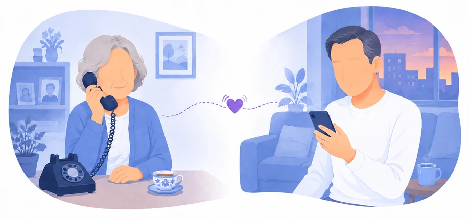 離れて暮らす親が固定電話で話し、家族がスマホを見ている様子のイラスト