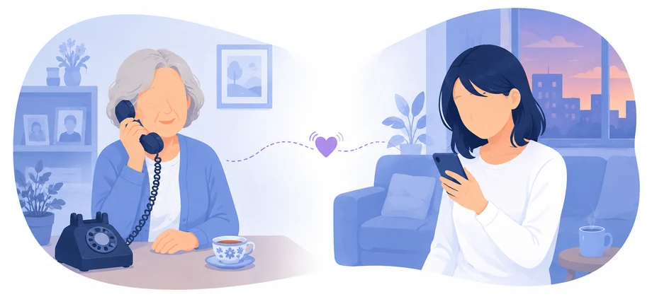離れて暮らす親が固定電話で話し、家族がスマホを見ている様子のイラスト