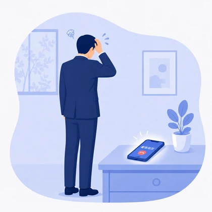 鳴っているスマホから少し離れた場所で、気にしながら背を向けている様子のイラスト